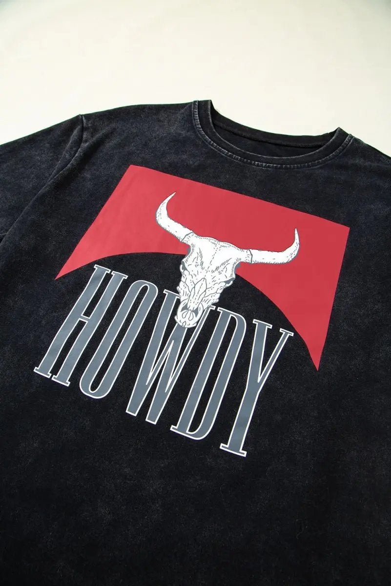 Black Western HOWDY Steer Head Print Side Slits T Shirt - Love Salve
